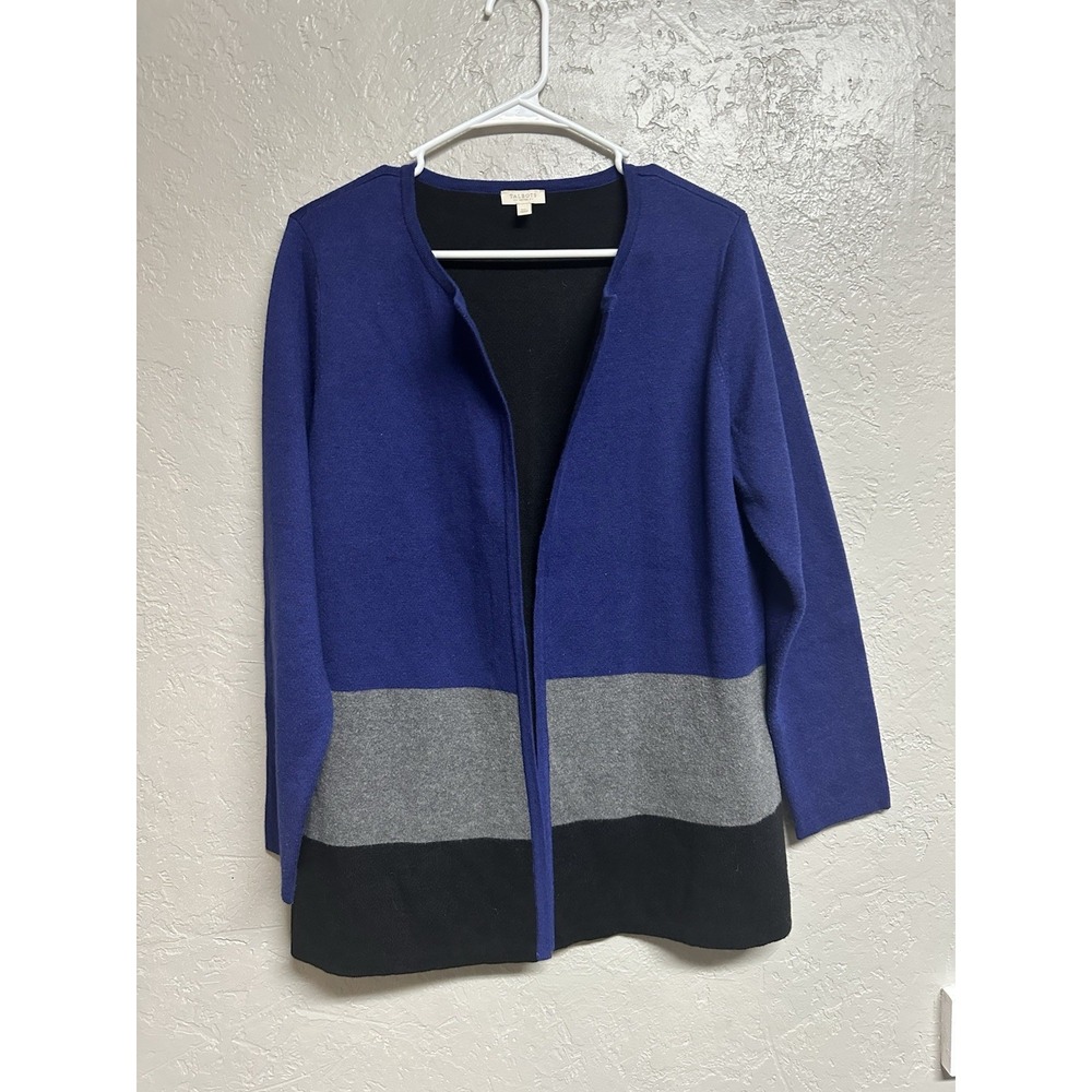 TALBOTS Wool Blend Long Open Front Cardigan Sz Mp Gray‎ Blue Colorblock